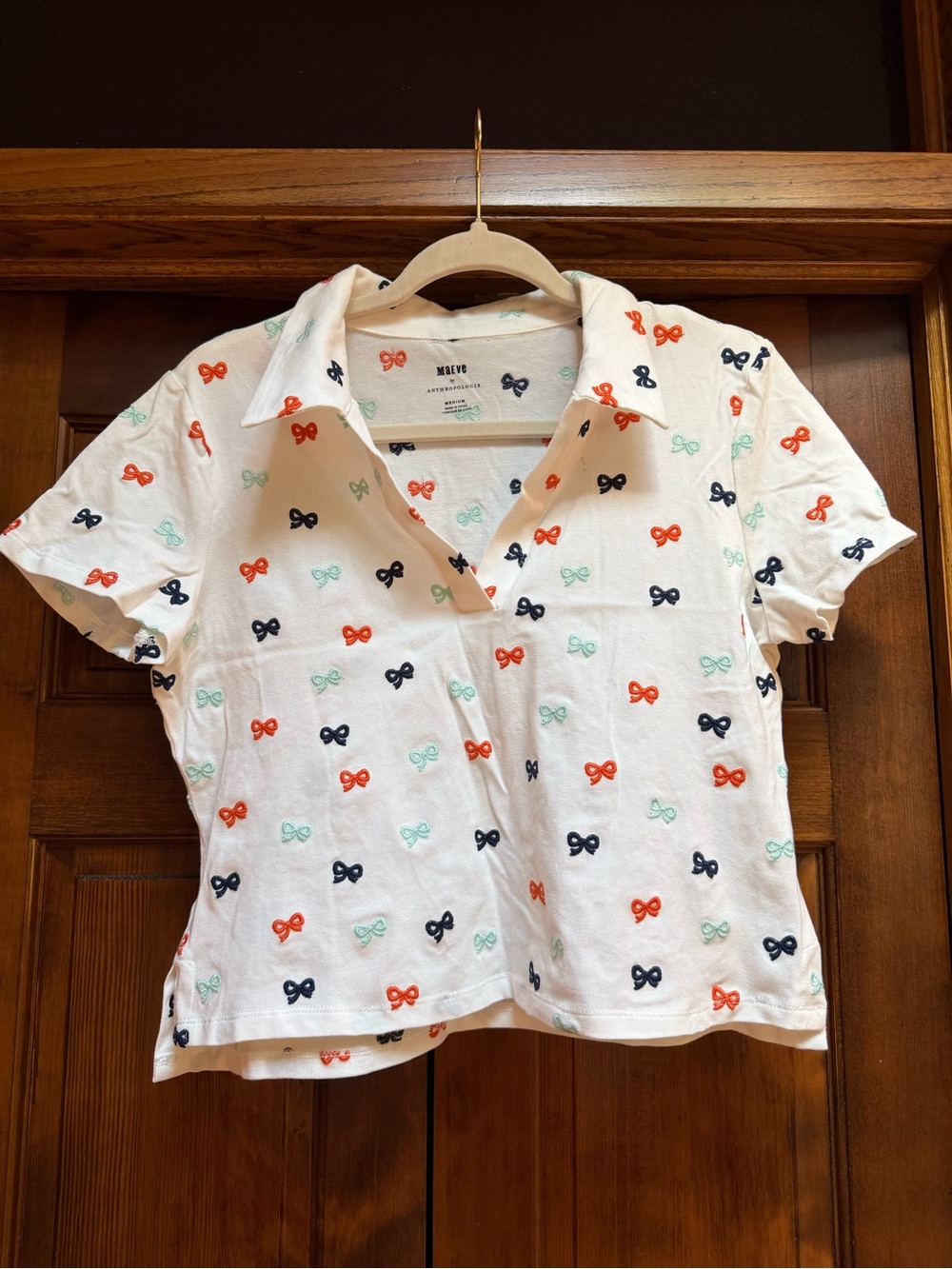 Anthropology Maeve White Polo Top with Orange, Navy & Mint Bow Motif, Size M